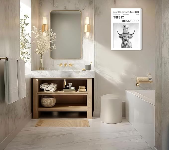VPUQWGKE Black White Highland Cow Bathroom Canvas Wall Art Funny Highland Cow Toilet Paper On Head Picture Painting Bathroom Animals Print Wall Decor Farmhouse Decoration 12x16in Can Be Hung Directly