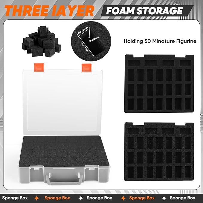 Miniature Storage Carrying Figure Case - 50 Slot Figurine Minature Carrying Case with 2 Foam Layer for Miniatures Compatible with 40k, DND & More (Transparent)