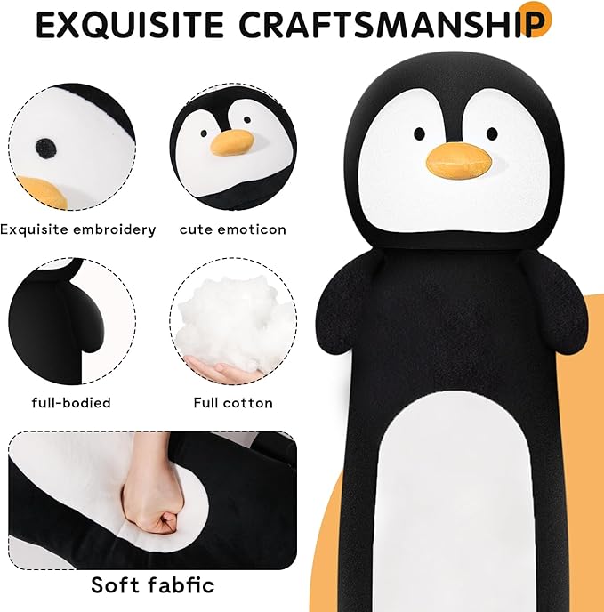 22' Long Penguins Plush Body Pillow, Cute Black Penguin Stuffed Animal for Kids, Girls, Boys, Birthdays & Easter