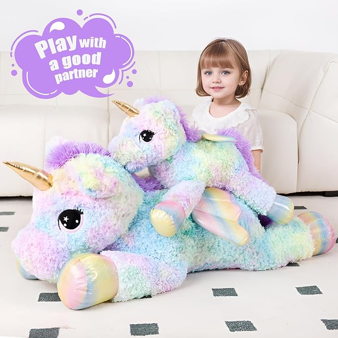 44 Inch Giant Rose Rainbow Unicorn Stuffed Animal Plush Toy with Wings Soft Cute Large Unicorn Plushies Animals Body Pillow Gift for Children Boy Girl Kids Birthday Valentine Room Decorations