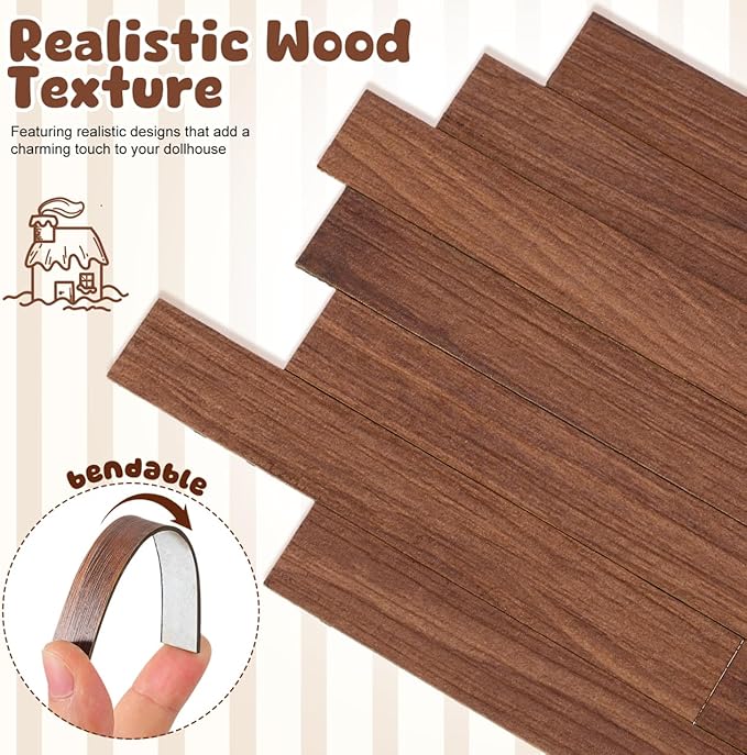 TOYANDONA 40Pcs Dollhouse Flooring Peel and Stick Miniature Floor Decorations Self Adhesive Walnut Tiles for Doll House Wallpaper and Trim