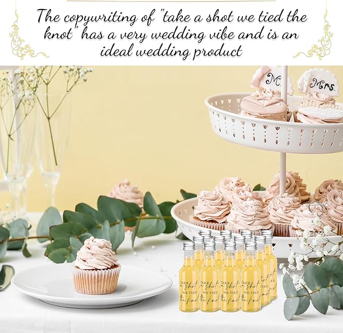Bokon 100 Pcs Mini Wedding Liquor Bottles Take a Shot We Tied The Knot Shot Glasses for Guests 1.7 Fl Oz/ 50 ml Plastic Reusable Empty Bottle with Cap Funnel Acrylic Mini Glasses for Bridal (Silver)