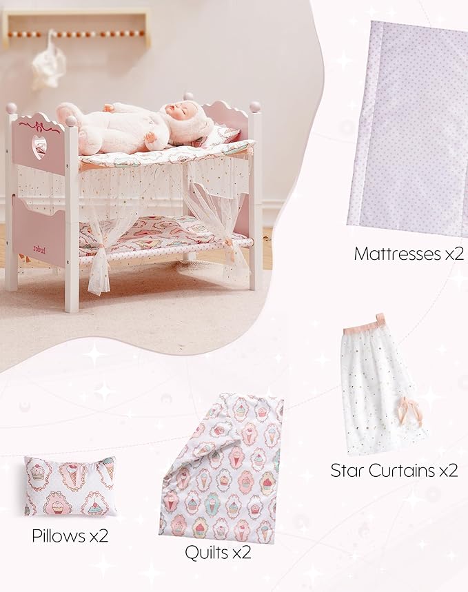 ROBUD Baby Doll Crib, Wooden Baby Doll Beds for 20 Inch Dolls, Baby Doll Bunk Beds with Gauze Curtain, American Girl Doll Bed for Gifts, WRP35