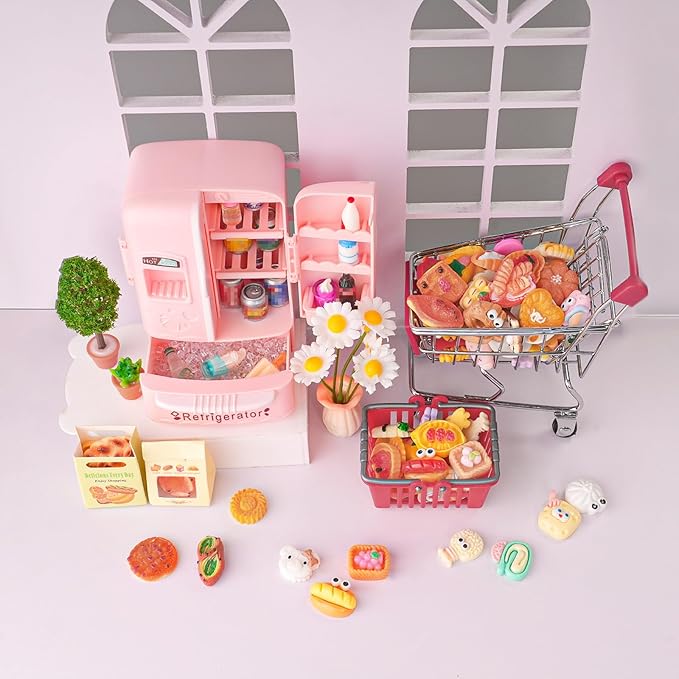 180 Pcs Dollhouse Miniature Kitchen Accessories Shopping Cart Basket Mini Food Drinks Dollhouse Store Grocery Supermarket Metal Handcart Party Model Shelves Cash Register Refrigerator