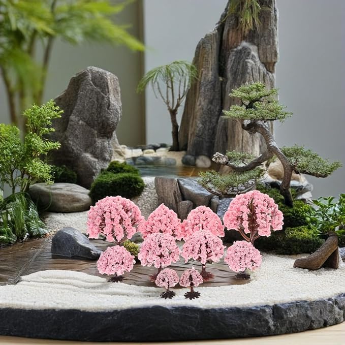 Yardwe Simulated Flower Tree with Base 2.76 Inch Miniature Plastic Tree for DIY Model Train Scenery Hobby Landscape Decoration Dollhouse Accessory