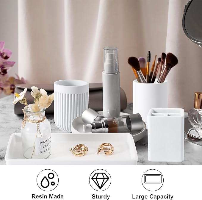 Resin Bathroom Toothbrush Cups Set with Holder and Tray, 4 Pcs Matte White Bathroom Accessories Set Counter Organizer for Sink Home Decor