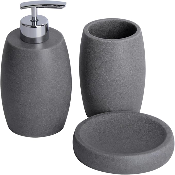Clasin Home Grey Bathroom Accessories Set 3 PC, Resin Sandstone Look Soap Dispenser, Toothbrush Cup, Soap Dish, Bathroom Soap Dispenser Set for Home Decor and Kitchen