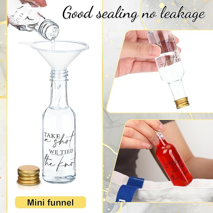 Bokon 100 Pcs Mini Wedding Liquor Bottles Take a Shot We Tied The Knot Shot Glasses for Guests 1.7 Fl Oz/ 50 ml Plastic Reusable Empty Bottle with Cap Funnel Acrylic Mini Glasses for Bridal (Gold)