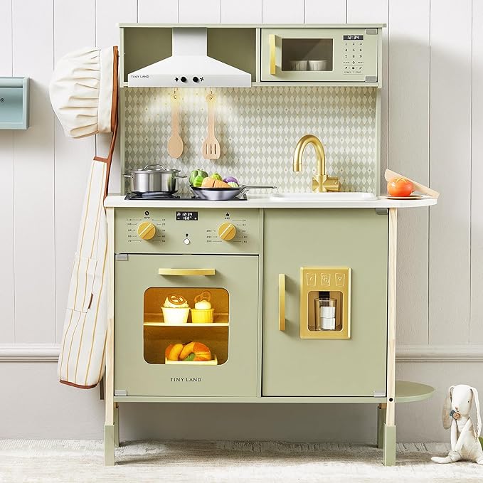 Tiny Land Play Kitchen for Kids, Wooden Kids Play Kitchen Playset Chef Pretend Play Set for Toddlers with Real Lights & Sounds, Toys Kitchen with 18 Pcs Toy Food & Cookware Accessories (Green)