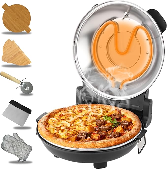 ECUMFFY Pizza Oven Indoor, 12 Inch Retro Pizza Maker, Rapid Heating 800˚F, 1200W Glazed Ceramic Stone Electric Pizza Cooker, Two-button Precise Temperature Control, Viewing Window for Precise Cooking