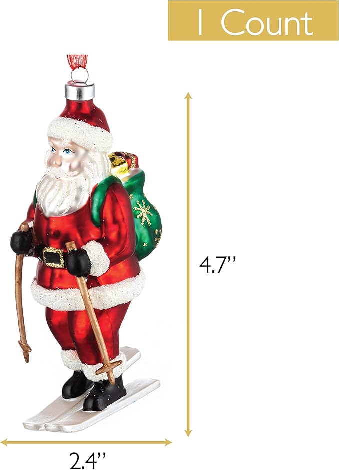 Every Day is Christmas Glass Blown Ornaments Cute Hand Made Figurines Tree Decoration, Ski Santa
