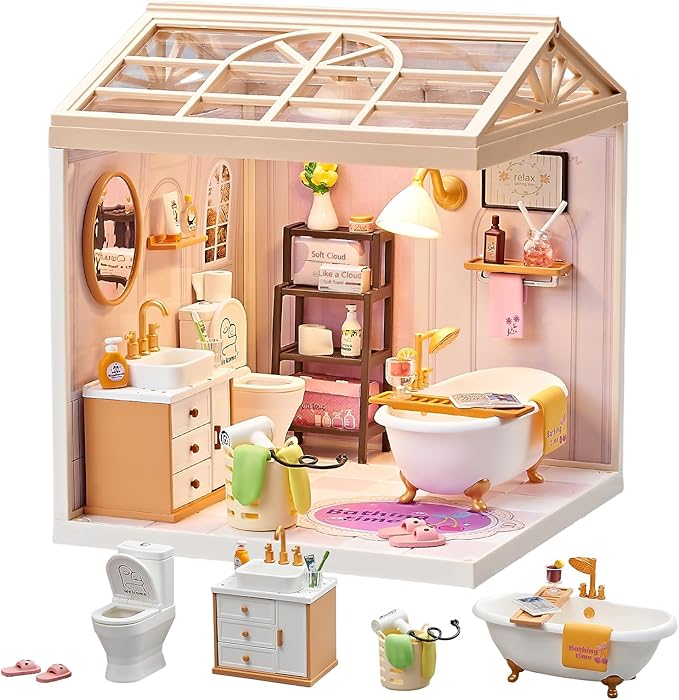 DIY Miniature Bathroom Play Kit with 101Pcs, 1:20 Scale Dollhouse Washroom Furniture with LED Light, Realistic Accessories & Connectable Base Room, Tiny House Toy for Adults & Kids 8+