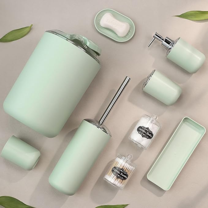 IMAVO Bathroom Accessories Set,Green Bathroom Set,9 Pieces Bathroom Accessory Set,Tray,Qtip Holders,Toilet Brush,Trash Can for Bathroom Décor and Home Gifts