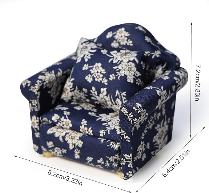 Dollhouse Couch with Pillow 1 12 Scale Miniature Sofa Arm Chair Living Room Furniture Wooden Fabric Frame Single Reading Chair Artificial House Room Scene Decoration (Blue)