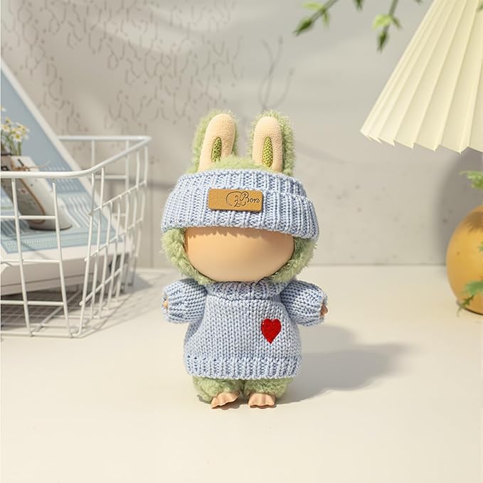 Clothes for LABUBU Doll (NO Doll), Handcrafted Crochet 3-Piece Accessories for LABUBU 17cm Dolls, Premium Outfit - Heart Sweater + Hat + Bag, Cute Clothes for Dress up Unique Style (Blue)