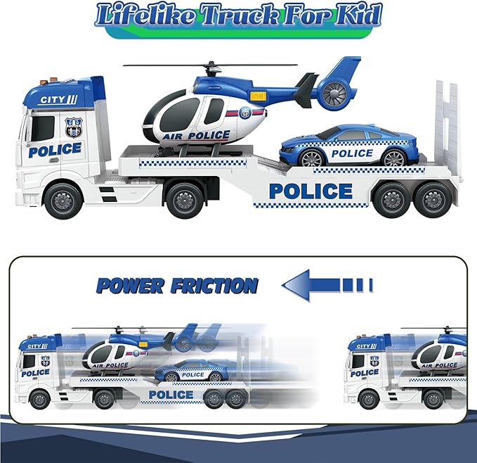 3-in-1 Police Truck Toys for Kids Ages 3-6 - Inertia Semi Trailer with Racing Car & Helicopter, Light and Sound Play Vehicles