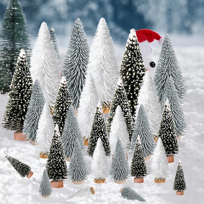 Yahpetes Artificial Mini Christmas Trees, 30 Pcs Sisal Snow Pines in 5 Sizes, Crafting Displaying Decoration, Tabletop Xmas Tree for Home, Party (Silver/White/Green)