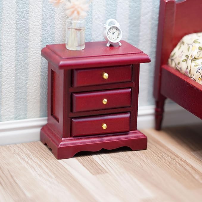 Miniature Bedside 1:12 Furniture Dollhouse Nightstand Bedroom Drawer Cabinet Model Accessories Mini House Scene Building Tabletop Decorations (Red)