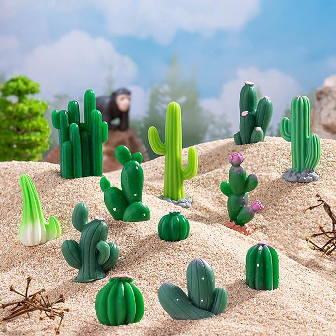 JARPSIRY 12 Pcs Mini Resin Cactus Miniature Figurines, Cute Small Cactus Figures Cake Topper, DIY Micro Landscape Desert Decor Home Fairy Garden Plant Pots Bonsai Crafts
