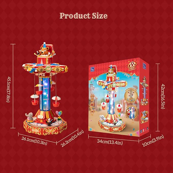 PANTASY Circus Paradrop Building Block Set, Retro Carnival Display Model with LED Lights, Motorized Moving Ride, Colorful Star Columns, Magic Box Teddy Bear, Type-C Powered Interactive Adult Collector