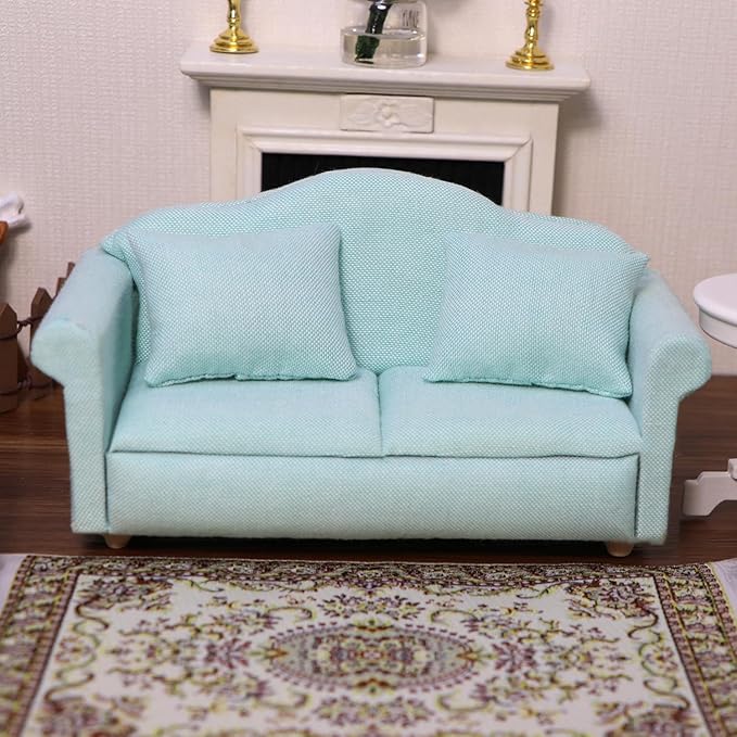 Dollhouse Couch Miniature Furniture Sofa with Pillows for Living Room Desktop Decoration Fabric Sofa Mini Home Scene Accessories Ornament (Sofa Set, Green)