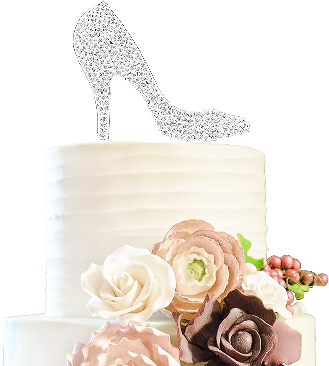 LINGTEER High Heel Silver Rhinestone Crystal Cake Topper Perfect for Birthday Wedding Anniversary Party Keepsake Sparkle Decoration
