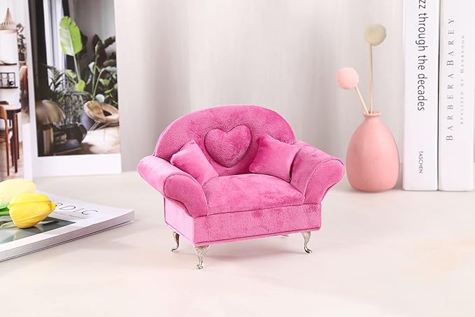 CONCISE 1/6 & 1/12 Scale Miniature Velvet Sofa w/Hidden Jewelry Box for Women 14+ Collectors Ring Earring Necklace Bracelet Trinket Storage - Pink Decor for Display & Dressing Tables