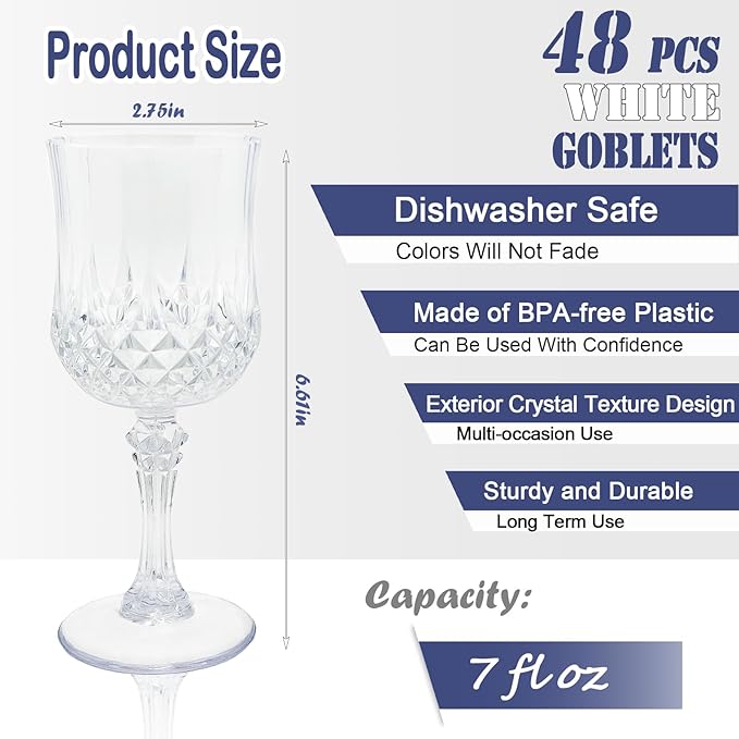 Veiuwa 48 PCS Plastic Wine Glasses Clear,Reusable Plastic Wine Glasses,White Goblet Glass,Durable and Sturdy Cups Can Be Used for Various Parties Such as Weddings!
