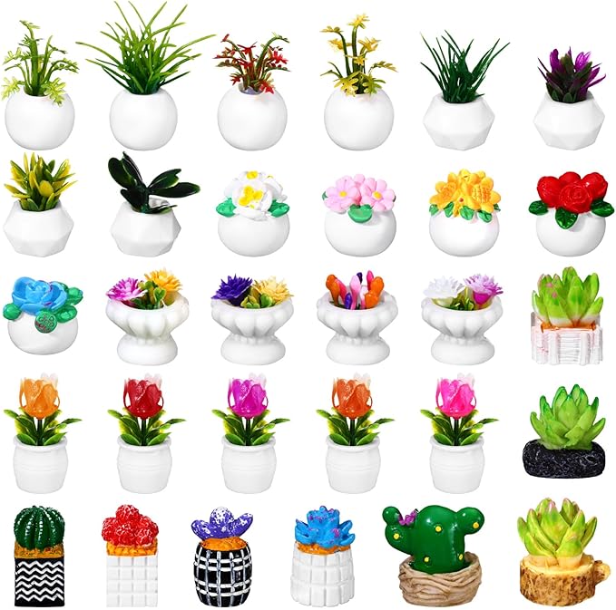 Threehoney 30 Pcs Miniature Dollhouse Plants Accessories Mini Artificial Potted Flower Tiny Resin Greenery Cactus Figurines for Doll House Gift DIY Garden Bonsai Micro Landscape Decoration(Plants)