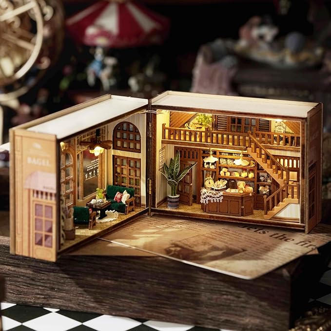 DIY Miniature House Kit, CUTEROOM Mini House Kit for Adult to Build, Wooden Dollhouse Making Kit with Furniture, Christmas Birthday Gifts- Bagel Time