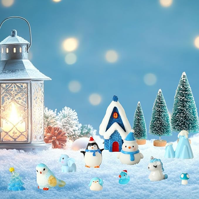 Miniature Winter Figurines, Blue Theme Simulated Ice Cubes Blue Christmas Tree Christmas Scenery Ornaments for Desktop Decoration Micro Landscape Accessories
