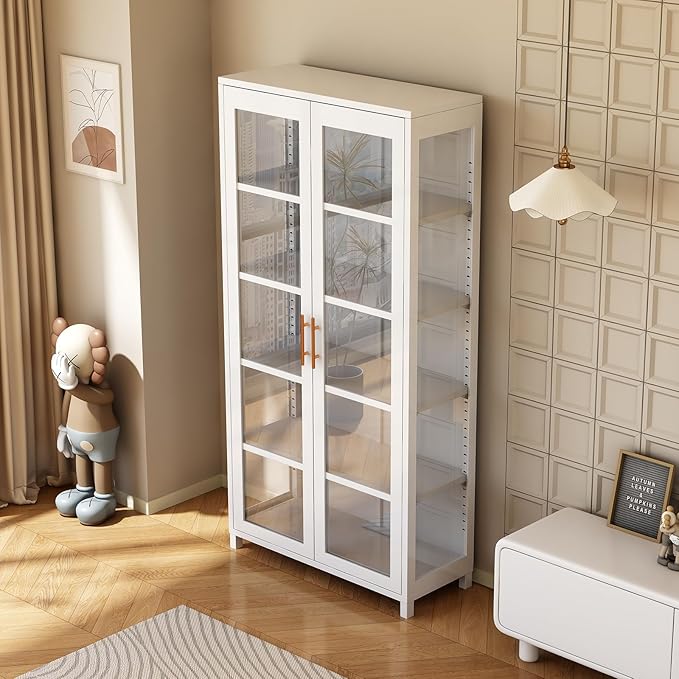 Display Cabinet with Glass Doors, 5-Tier Curio Cabinet with 4 Adjustable Shelves for Collectibles Toy Organizers Rack & Display Shelf, Kids Bookcase for Bedroom, Reading Nook, Living Room (White)
