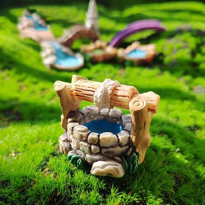 jeeone Mini Lighthouse Water Well Bridge Figurines Miniature Gardening Pool Lawn Running Water Terrarium Stone Bridge Figurine Micro Landscape Indoors Outdoors Decorative Accessory