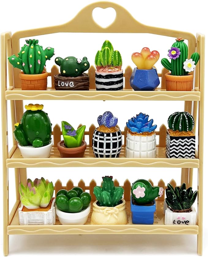 TAC IBEX Miniature Mini Cactus Figurines Office Desk 15 Pcs Set Tiny Plants Decoration Artificial Potted Resin Succulent Small Cute Figures Ornament Terrarium Landscape