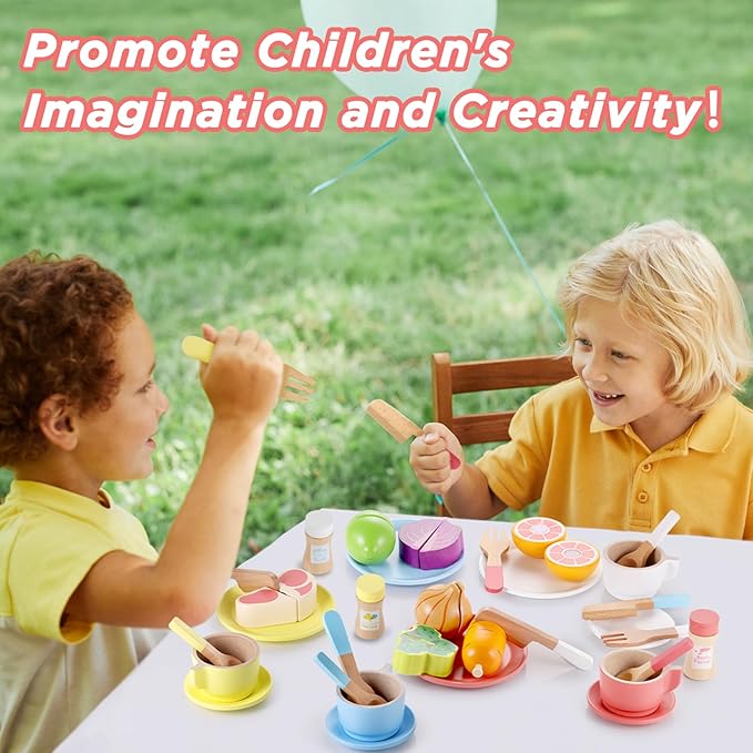 GAGAKU Wooden Play Dishes and Plates for Kids Kitchen Set 27 PCS Montessori Wood Play Kitchen Accessories Kitchen Toy for Toddlers Wooden Play Cooking Set for 3-8 Years Girls and Boys