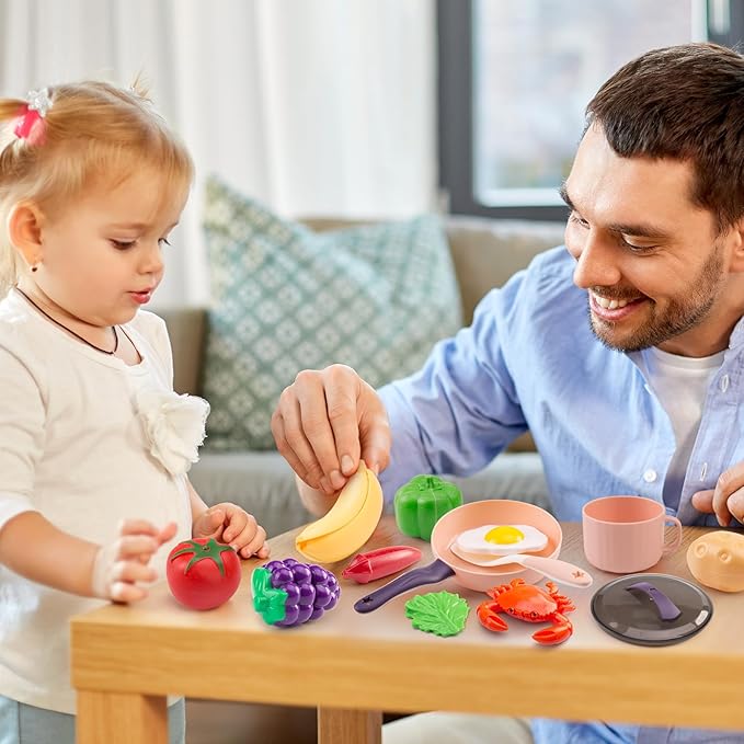 120Pcs Mini Play Kitchen Accessories, Kids Pretend Cooking Playset with Desserts, Cuttable Veggies & BBQ & Storage Basket, Educational Role-Play Gift for Toddlers, Child, Pink