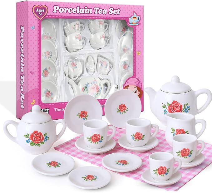 17 Pieces Floral Miniature Porcelain Ceramic Tea Set - Pretend Play Kids Toy Mini Kitchen Playset, Fun Doll Dramatic Play for Little Girls, Kids