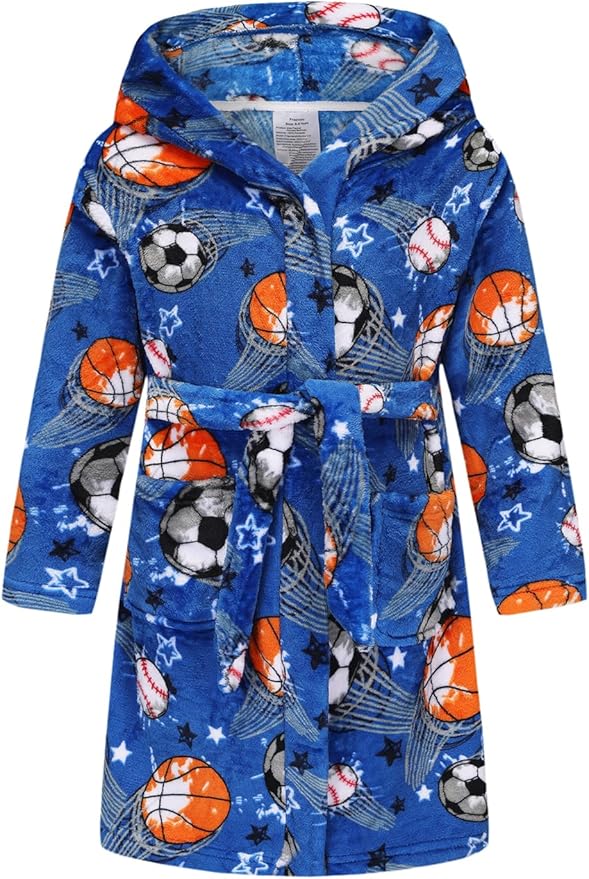 Boys Fleece Robe Hooded Toddler Soft Bathrobe Pajamas Sleepwear for Kids Girls 2-16 Years