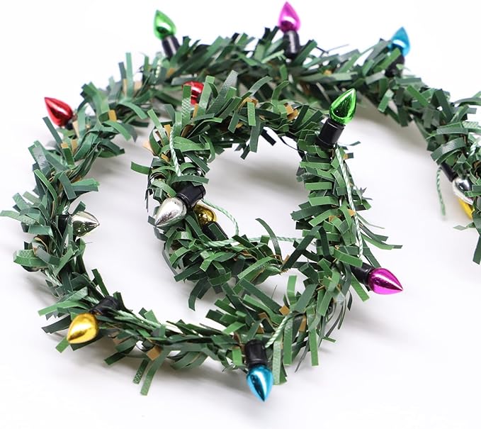 Miniature Christmas Garland, Christmas Lights, Miniature Christmas Tree Lights, Artificial Pine Wired Roping with Metallic Bulbs for Dollhouse, Fairy Garden, 11.8 inches Long (2PCS)