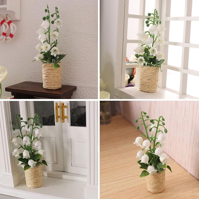 2Pieces Miniature Potted Plants Flowers Artificial Lily of The Valley Basket Bonsai for 1:12 Mini Dollhouse Scene Model Micro Landscape Decoration