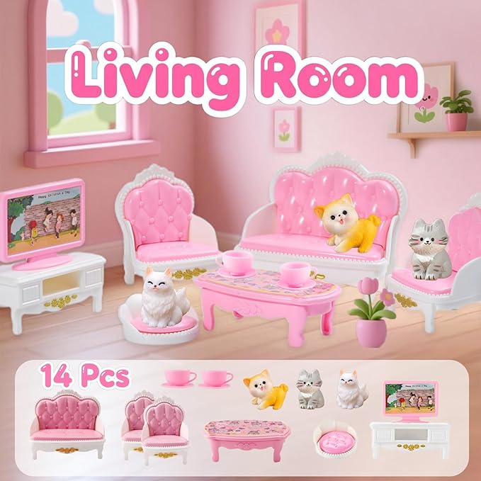 46Pcs Dollhouse Furniture Accessories Set Mini House Furniture Small Dollhouse Miniature Furniture Pretend Play House 1:12 Mini Kitchen Bedroom Livingroom Bathroom Tiny Toy Boy Girl Kid Toddler