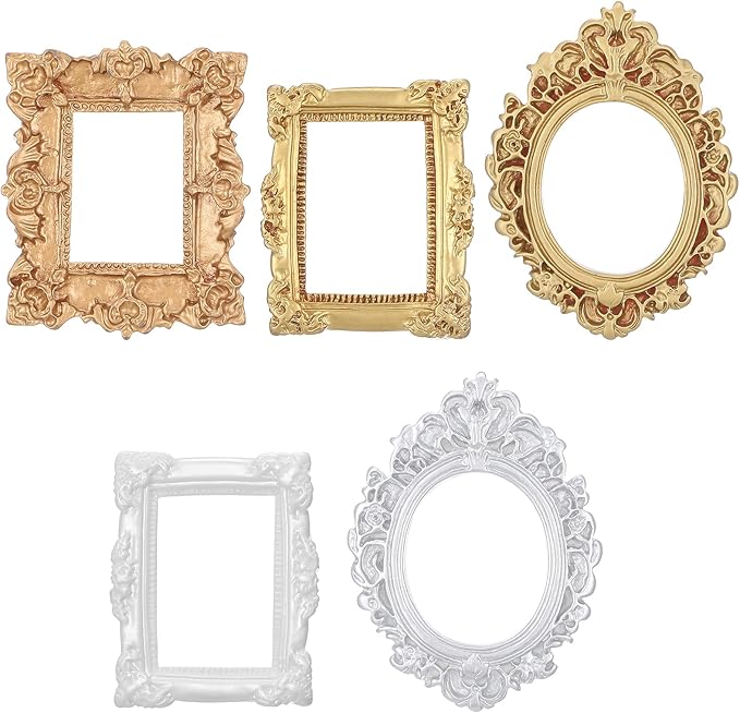 5 Pcs Miniature Picture Frames Vintage Dollhouse Photo Frames with Carved Golden Edges for Wall Hanging Desktop Display Jewelry Showcase Miniature Props for Dollhouse Model Train Garden