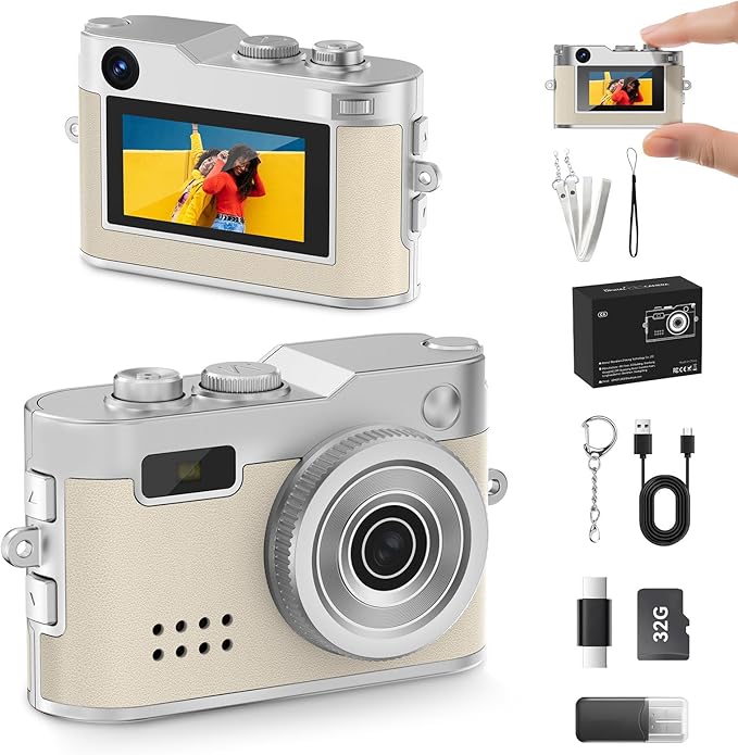 Mini Keychain Camera, 1080P & 2MP Retro Aesthetic, 32GB Memory, Pocket-Sized Vintage Camera, Christmas Birthday Gift for Friends