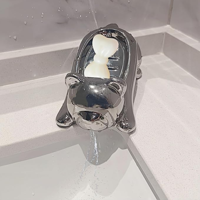 Ceramic Bear Soap Tray with Drain, Soap Dish Container, Dish Soap Tray, Multipurpose Holder for Shower, Bathroom, Kitchen & Counter jabonera para baño (Silver)