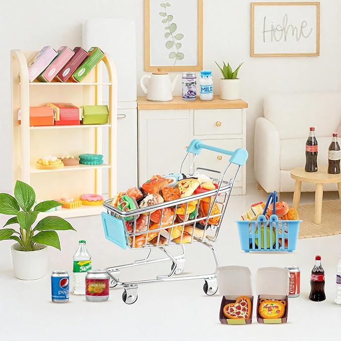 196Pcs Dollhouse Miniature Store Grocery Accessories Mini Shopping Cart Basket 4 Three-Layer Shelves Supermarket Metal Handcart Resin Food Drink Bottle Cash Register Packaging Box
