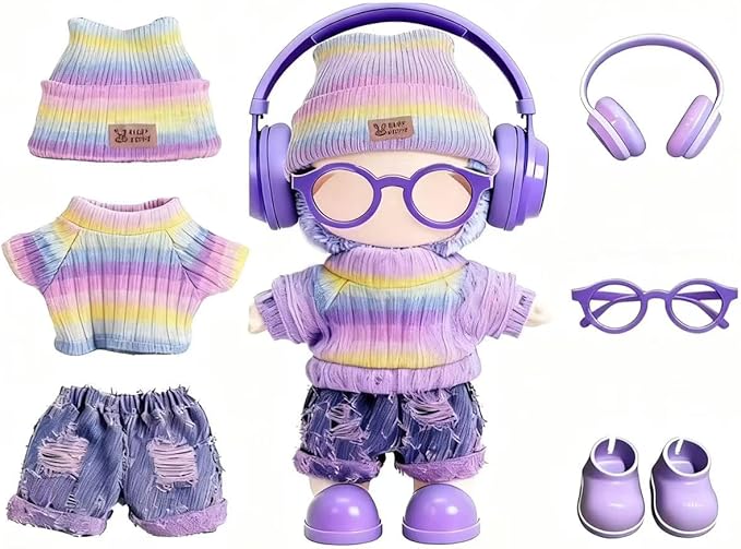 17cm Handcrafted Doll Clothes (NO Doll) – 6-Piece Set, Hat + Sweaters + Skirt + Headphones + Glasses + Shoes, Cute and Premium Dolls Outfit Accessories (Rainbow Style)