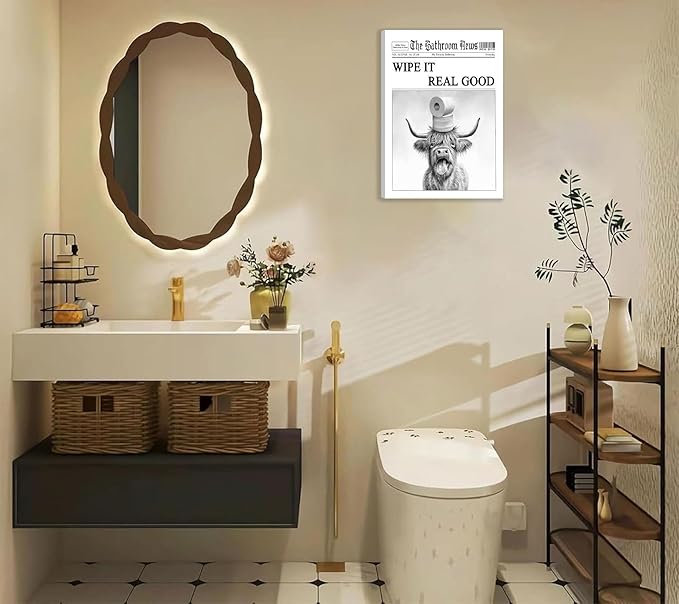 VPUQWGKE Black White Highland Cow Bathroom Canvas Wall Art Funny Highland Cow Toilet Paper On Head Picture Painting Bathroom Animals Print Wall Decor Farmhouse Decoration 16x24in Can Be Hung Directly