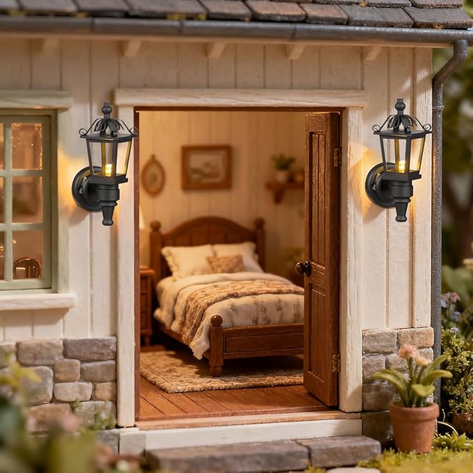 NUOBESTY 2pcs Miniature Wall-Mounted Lamps Mini Black Metal Wall Sconces for Dollhouse Lighting Accessory Battery Operated