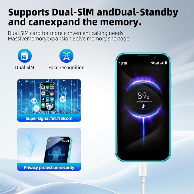 QHO Mini Phone Unlocked Mini Smartphone for Kids World's Smallest Cell Phone 3.0" HD Touch Screen Quad Core Dual Sim Card Face ID Android Compact Small Mobile Phones 2GB+16GB (Dark Blue)