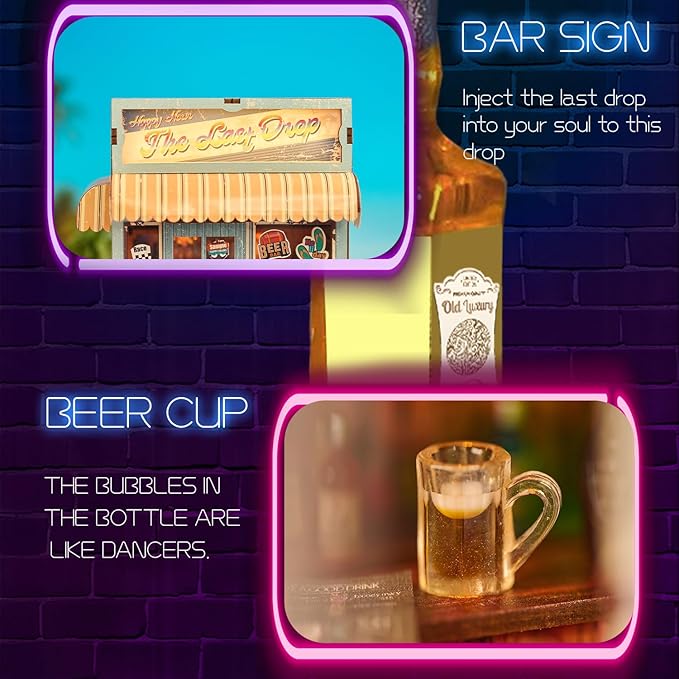 Bar Miniature House Kit,DIY Miniature Dollhouse Kit with Furniture & LED,Mini Diorama House Building Kit for Adults Teens,Tiny House Mini Model Kit 3D Wooden Crafts,Bookshelf & Home Decor Gifts
